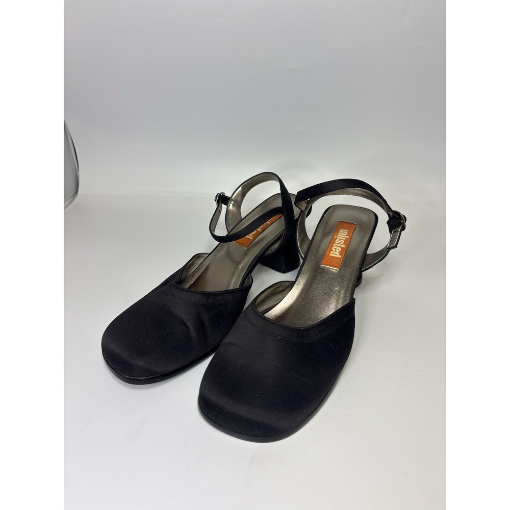 Y2K Unlisted Black Satin Curved Heel Square Toe Mary Jane's Woman's Size 8.5